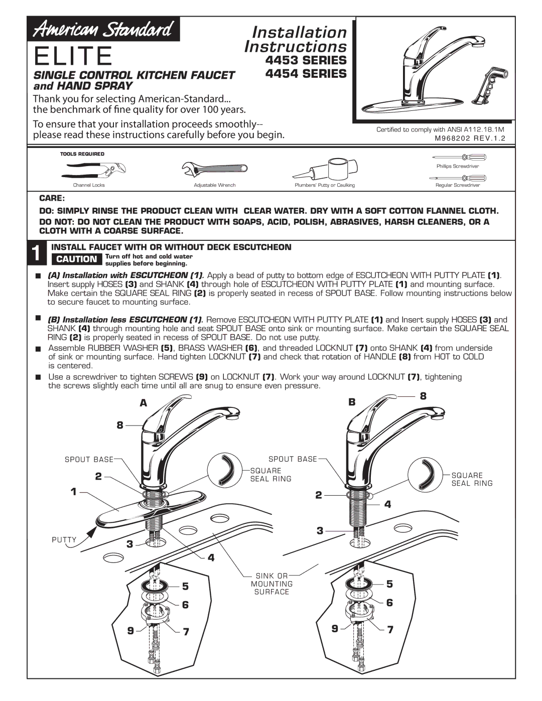 American Standard 4454, 4453 installation instructions Elite 