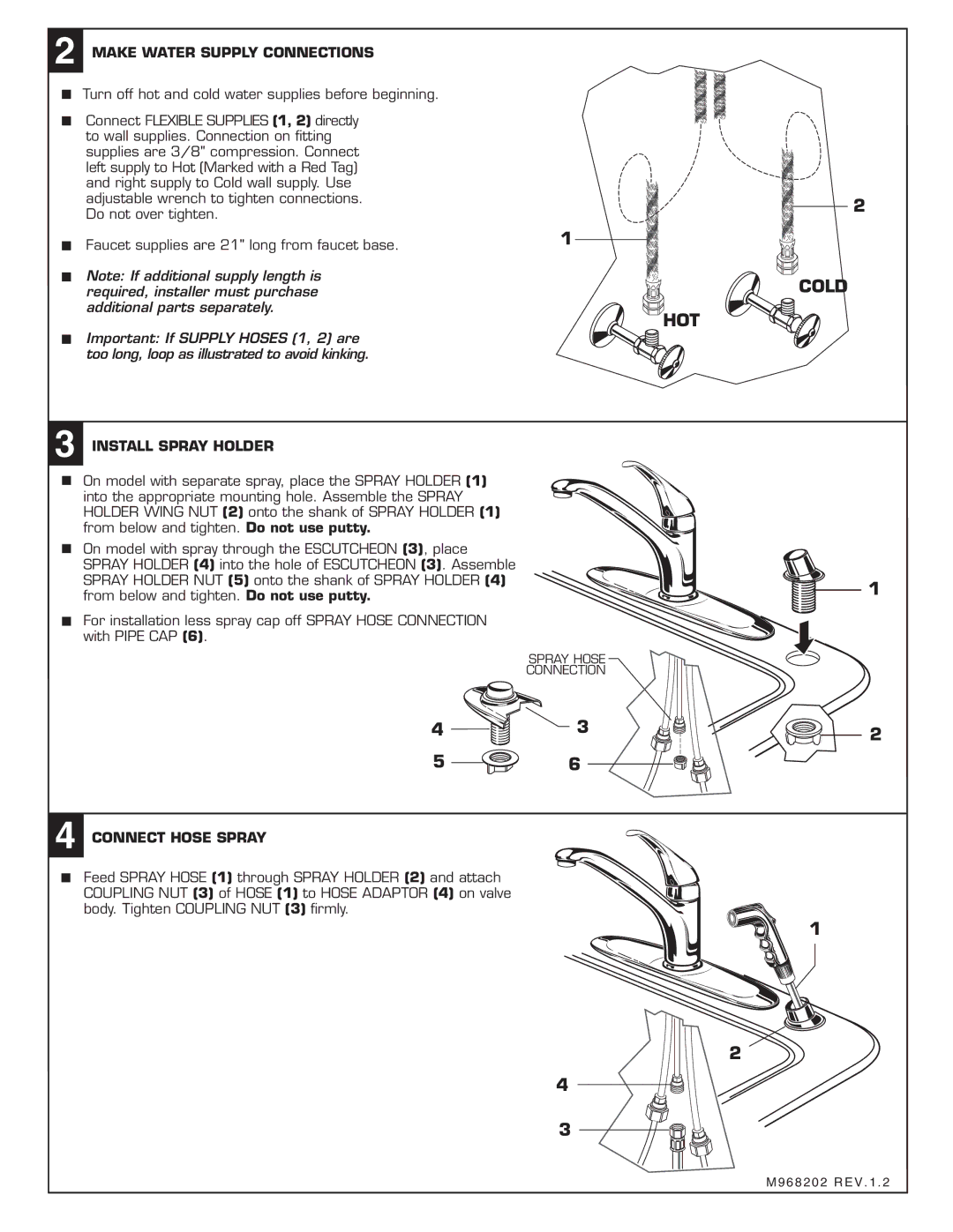 American Standard 4453, 4454 Make Water Supply Connections, Install Spray Holder, Connect Hose Spray 