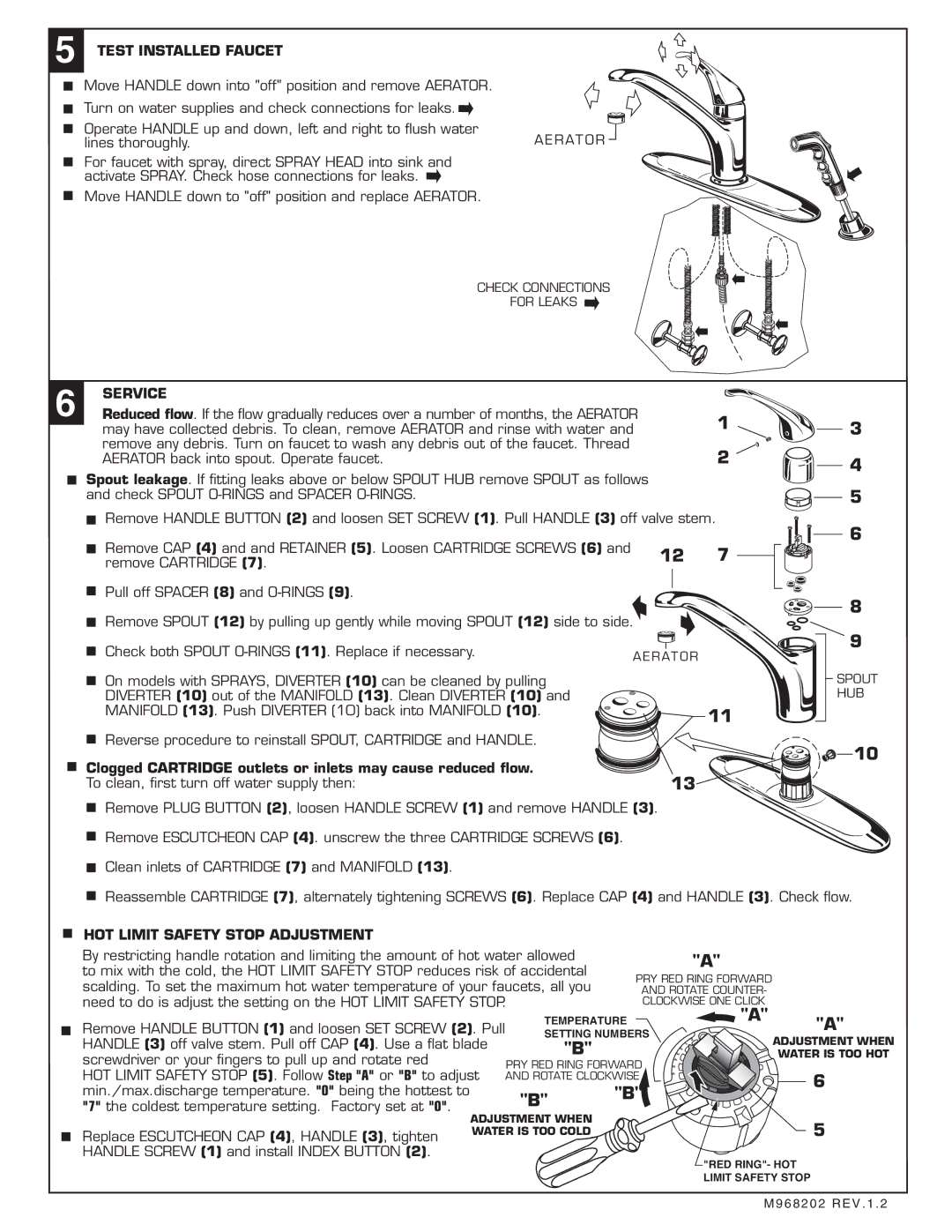 American Standard 4454, 4453 installation instructions Test Installed Faucet, Service, HOT Limit Safety Stop Adjustment 