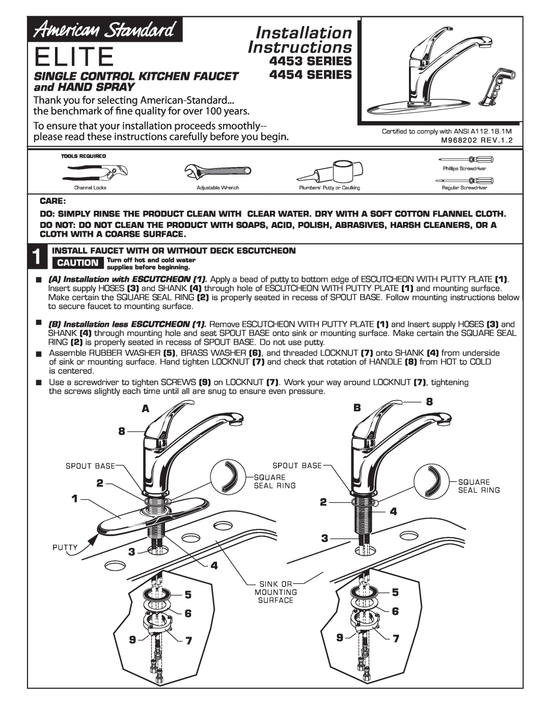 American Standard 4454 installation instructions Series, Elite, Installation, Instructions, Single Control Kitchen Faucet 