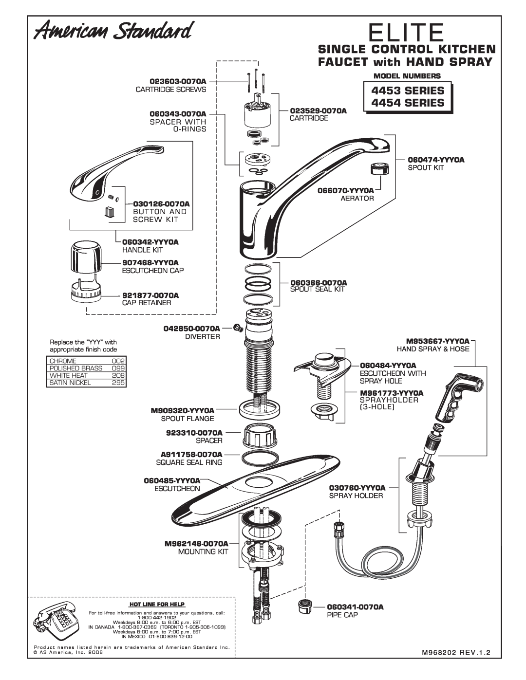 American Standard 4453 installation instructions SINGLE CONTROL KITCHEN FAUCET with HAND SPRAY, Elite, SERIES 4454 SERIES 