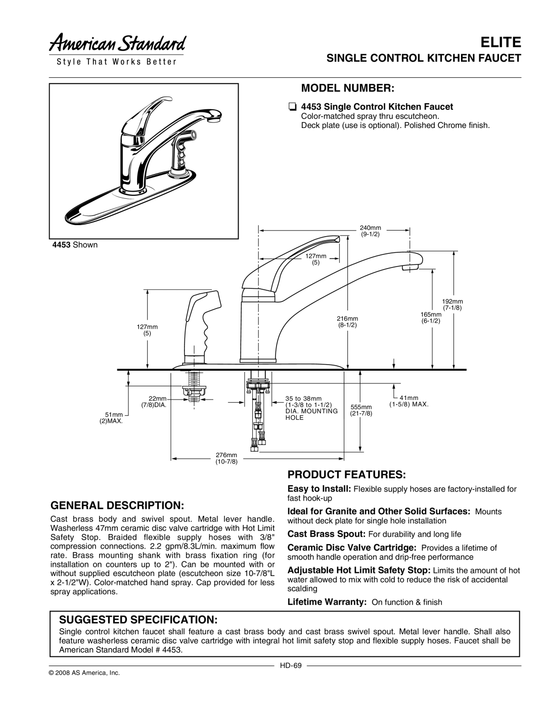 American Standard 4453 specifications Single Control Kitchen Faucet Model Number, General Description, Product Features 