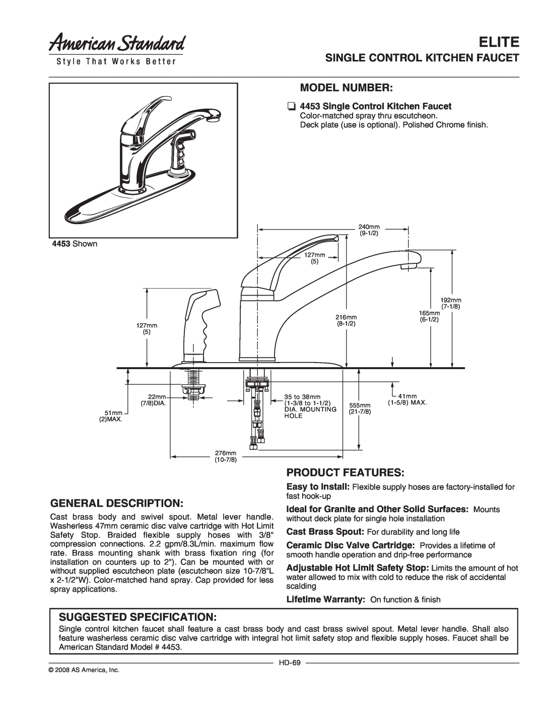American Standard 4453 specifications Elite, Single Control Kitchen Faucet Model Number, General Description, Shown 