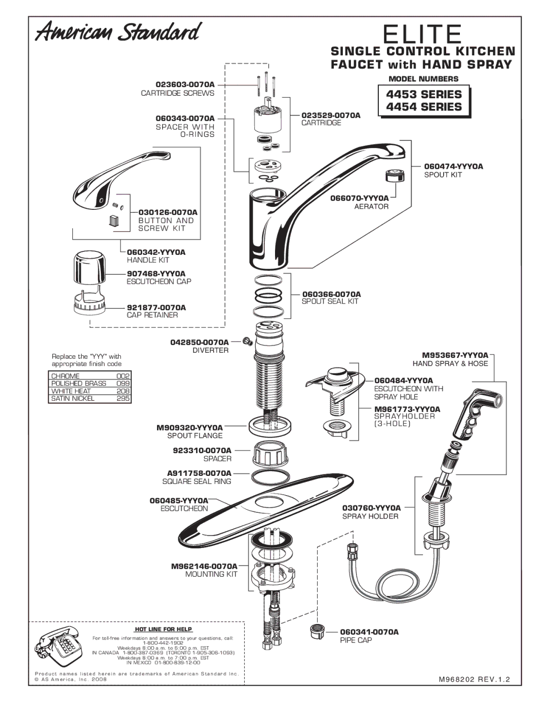 American Standard 4453 SERIES, 4454 SERIES manual Elite, Single Control Kitchen Faucet with Hand Spray, Series 