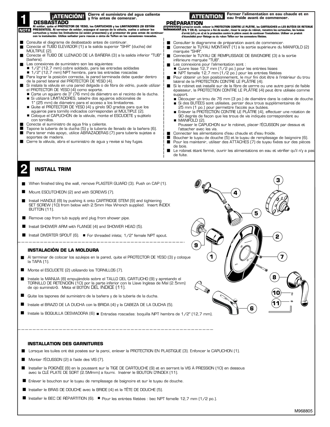 American Standard 4501 installation instructions Desbastado Préparation, Install Trim 