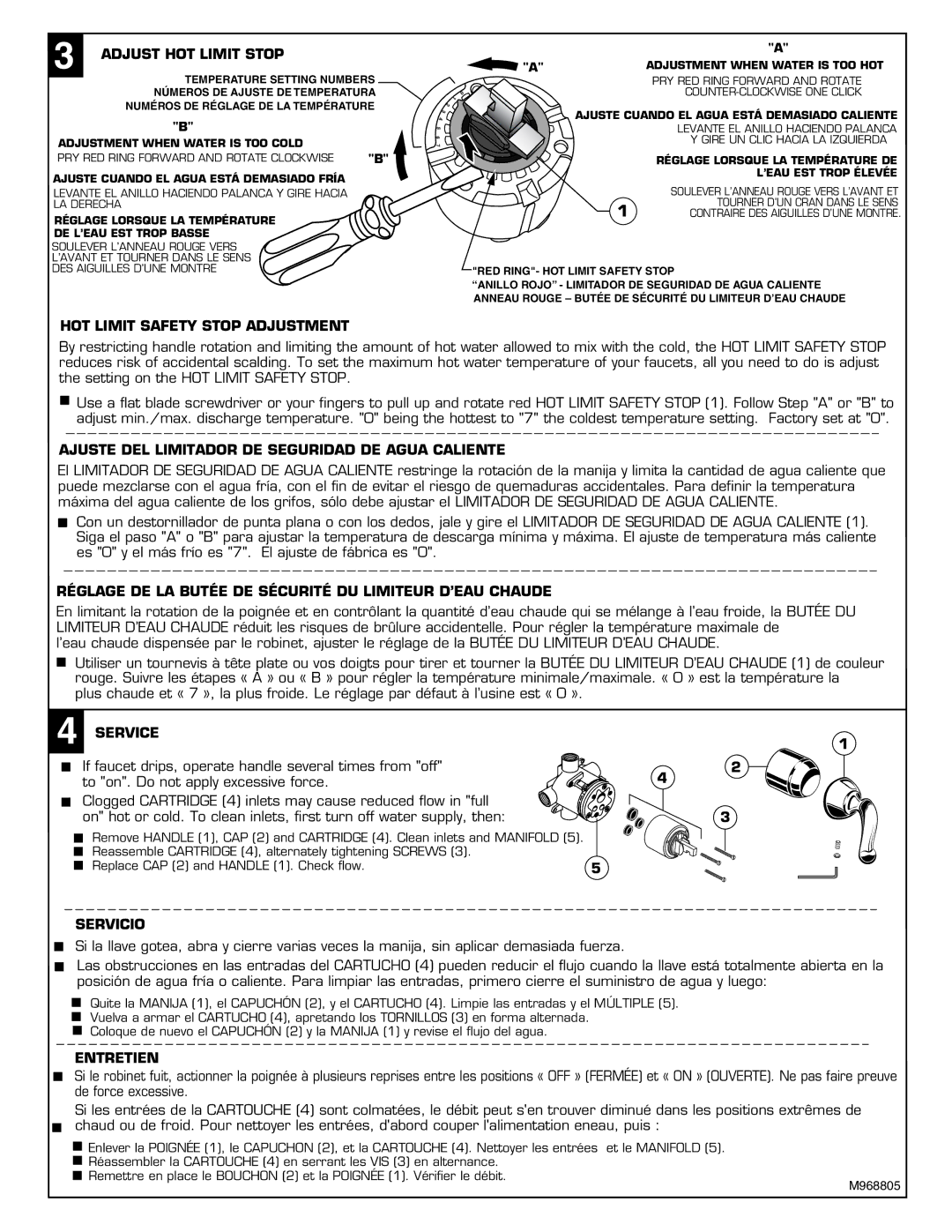 American Standard 4501 Adjust HOT Limit Stop, HOT Limit Safety Stop Adjustment, Service, Servicio, Entretien 