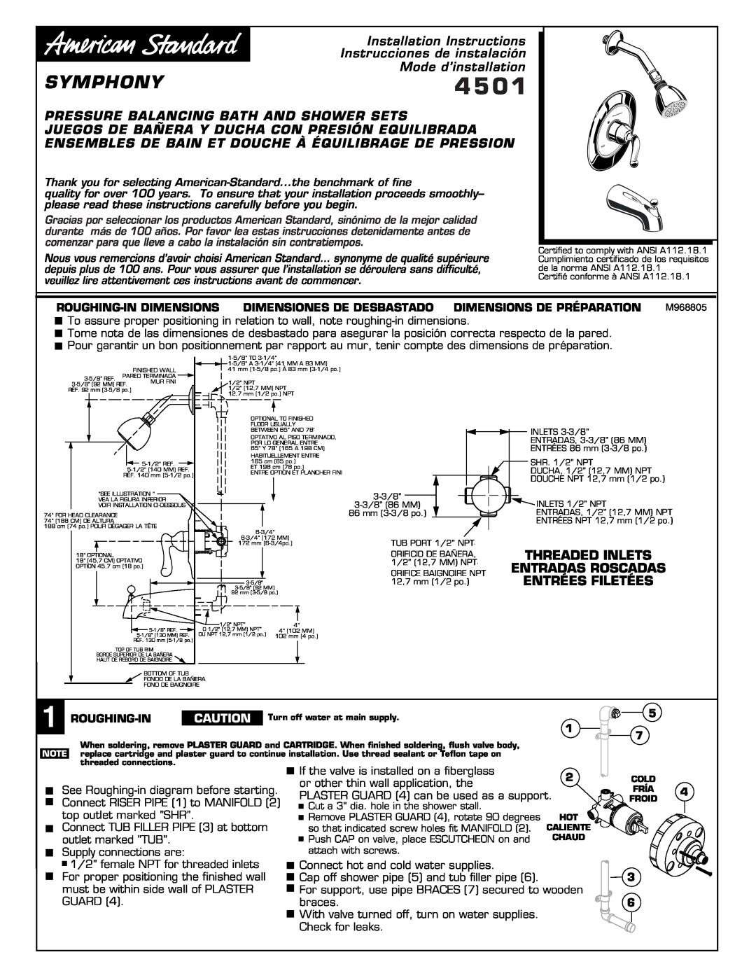 American Standard 4501 installation instructions Symphony, Threaded Inlets, Entradas Roscadas, Entrées Filetées 