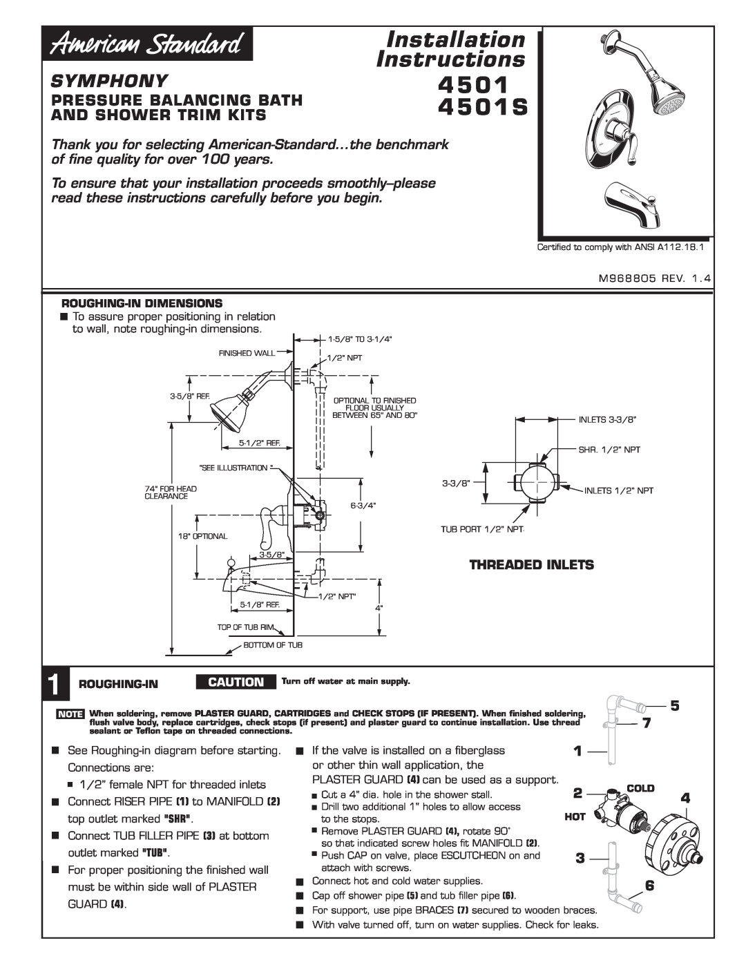 American Standard 4501 installation instructions Installation Instructions, 4 5 0 4 5 0 1 S, Symphony 