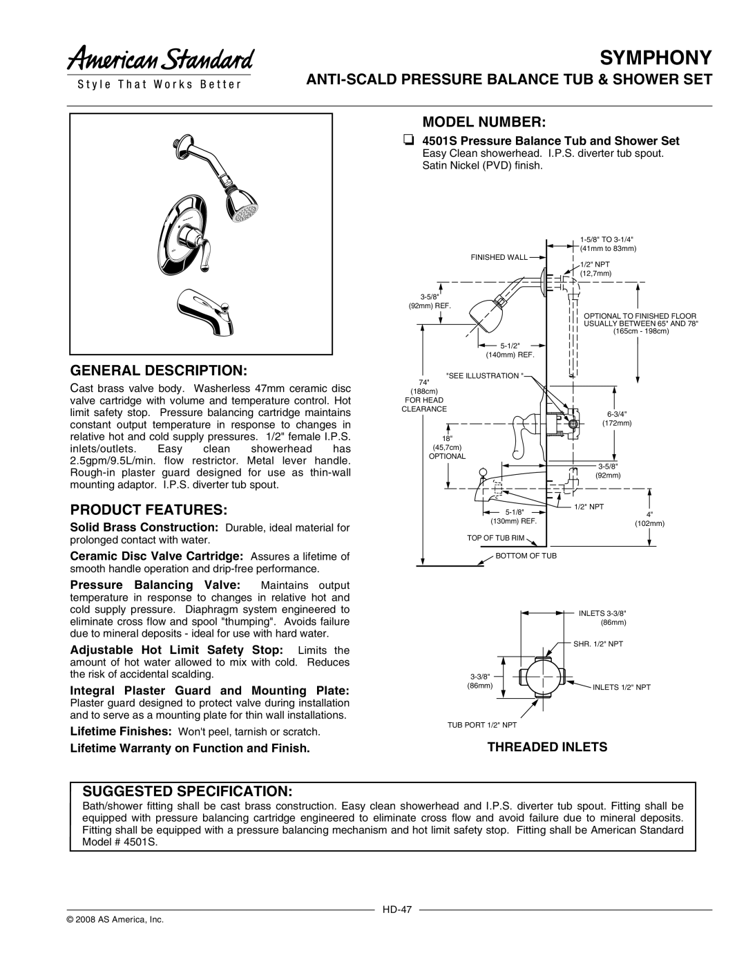 American Standard 4501S warranty Symphony, ANTI-SCALD Pressure Balance TUB & Shower SET Model Number, General Description 