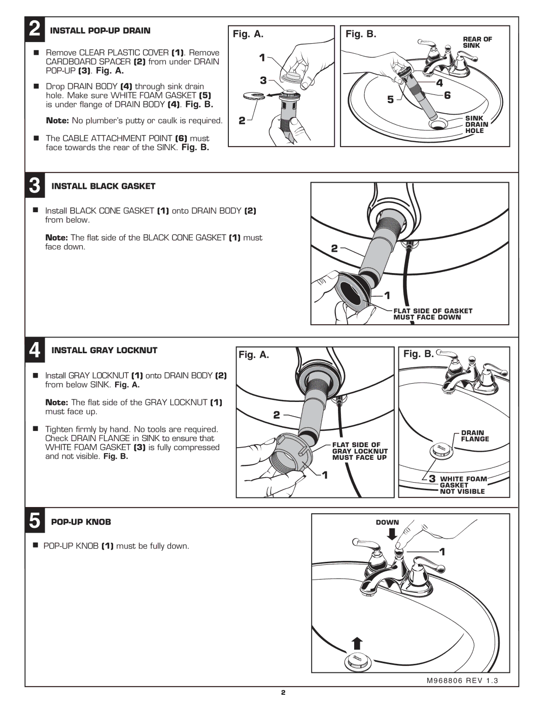 American Standard 4504S Install POP-UP Drain, Install Black Gasket, Install Gray Locknut, POP-UP Knob 