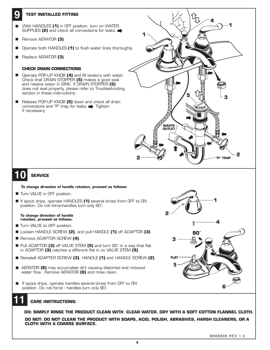 American Standard 4504S installation instructions 90˚, Test Installed Fitting, Check Drain Connections, Service 