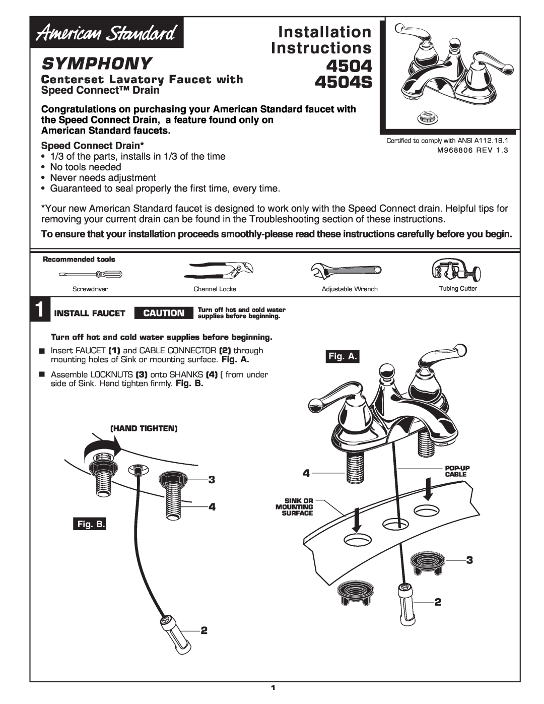 American Standard 4504S installation instructions Installation, Symphony, Instructions, American Standard faucets, Fig. A 