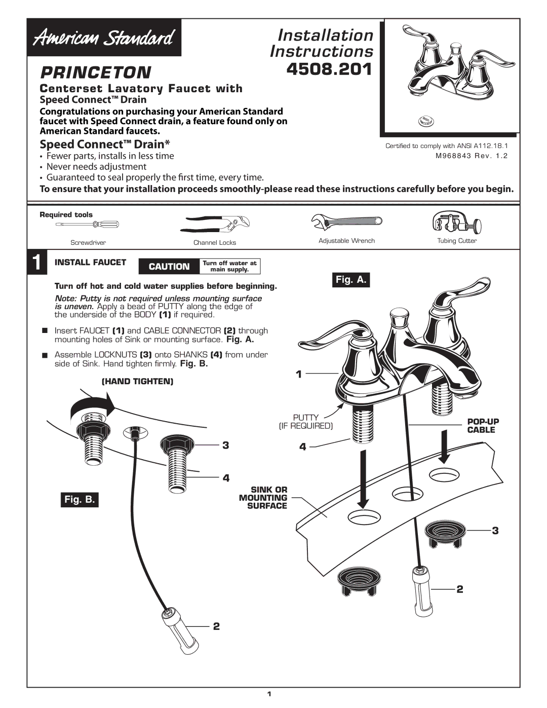 American Standard 4508.201 installation instructions Centerset Lavatory Faucet with Speed Connect Drain, Install Faucet 