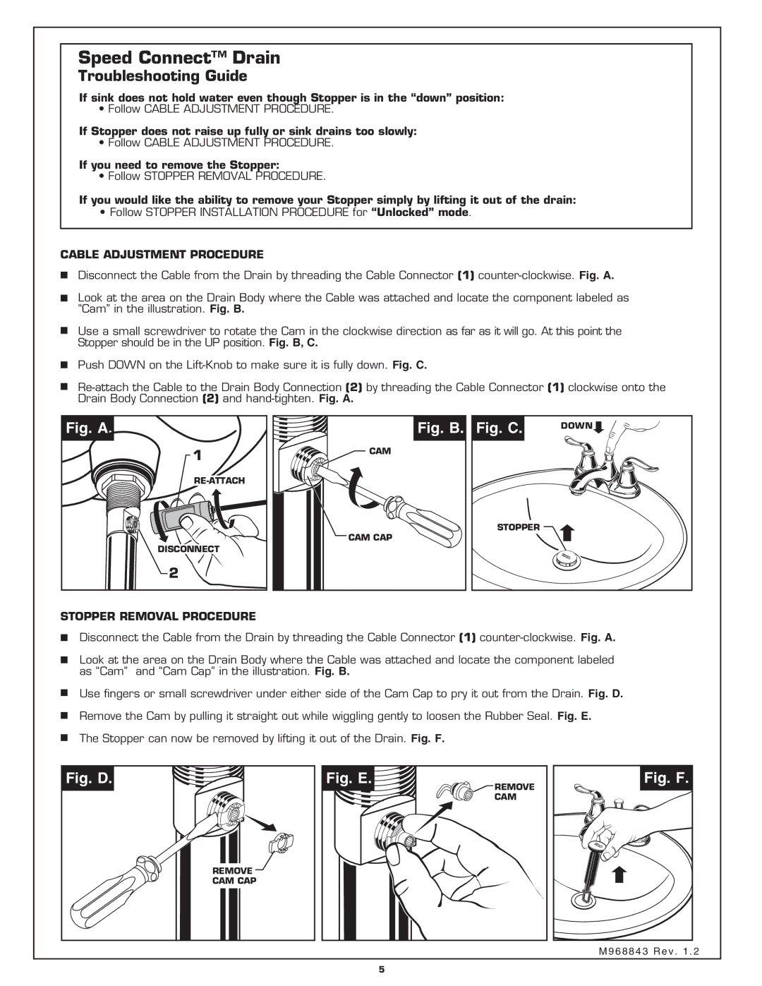 American Standard 4508.201 Troubleshooting Guide, Cable Adjustment Procedure, Stopper Removal Procedure 