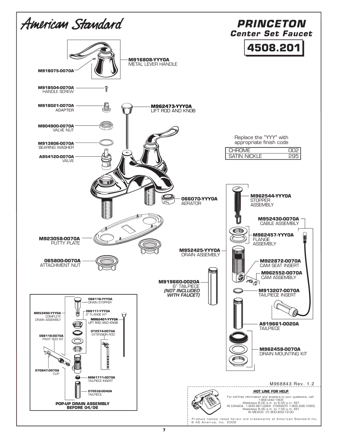 American Standard 4508.201 M916808-YYY0A, 066070-YYY0A, M923058-0070A, M952425-YYY0A, M962544-YYY0A, M952430-0070A 