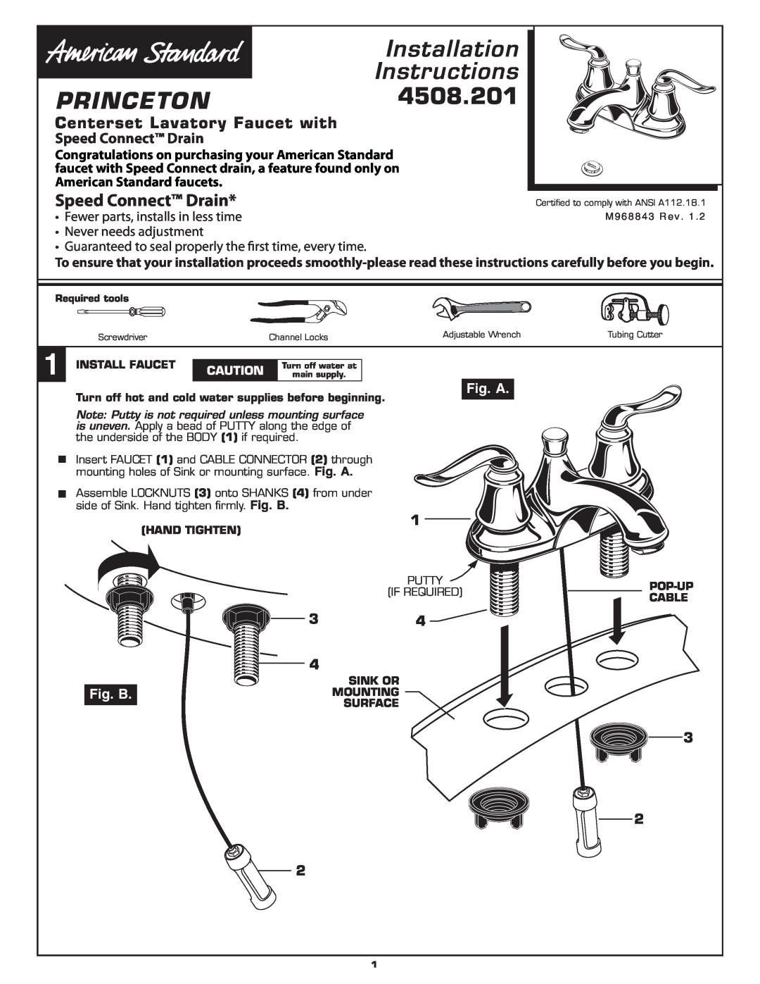 American Standard 4508.201 installation instructions Princeton, Speed Connect Drain, Centerset Lavatory Faucet with 