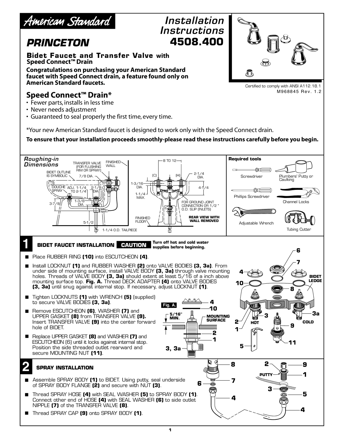 American Standard 4508.4 installation instructions Bidet Faucet and Transfer Valve with, Bidet Faucet Installation 