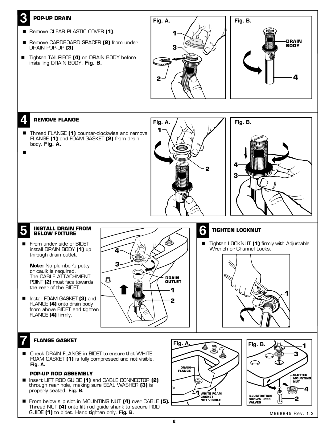 American Standard 4508.4 POP-UP Drain, Remove Flange, Install Drain from Tighten Locknut Below Fixture, Flange Gasket 