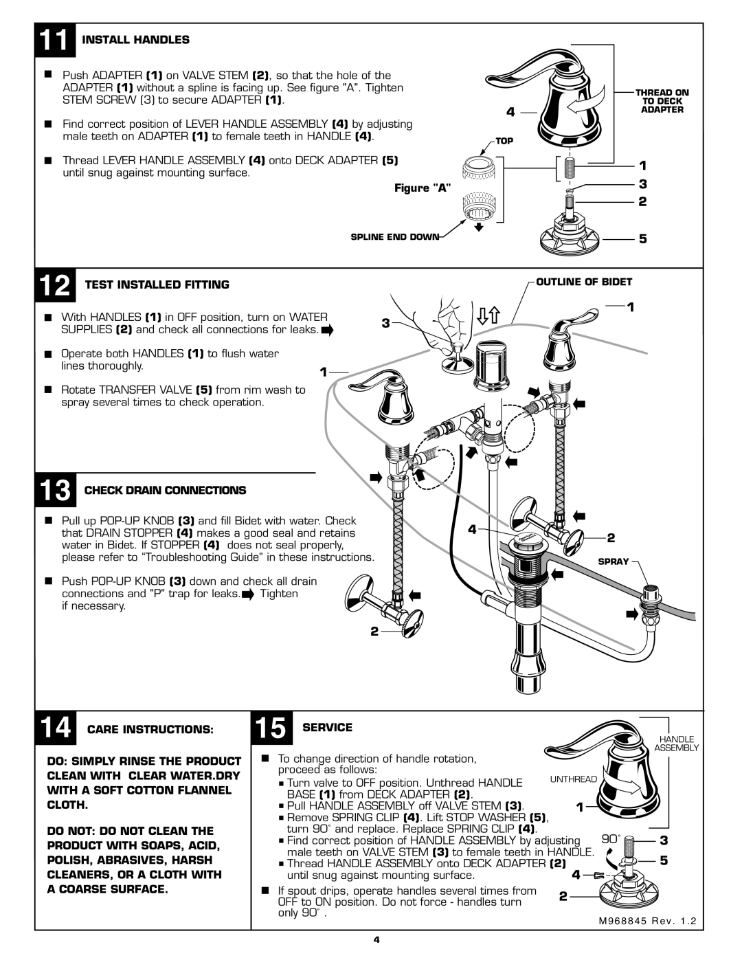 American Standard 4508.4 installation instructions Install Handles, Test Installed Fitting, Check Drain Connections 