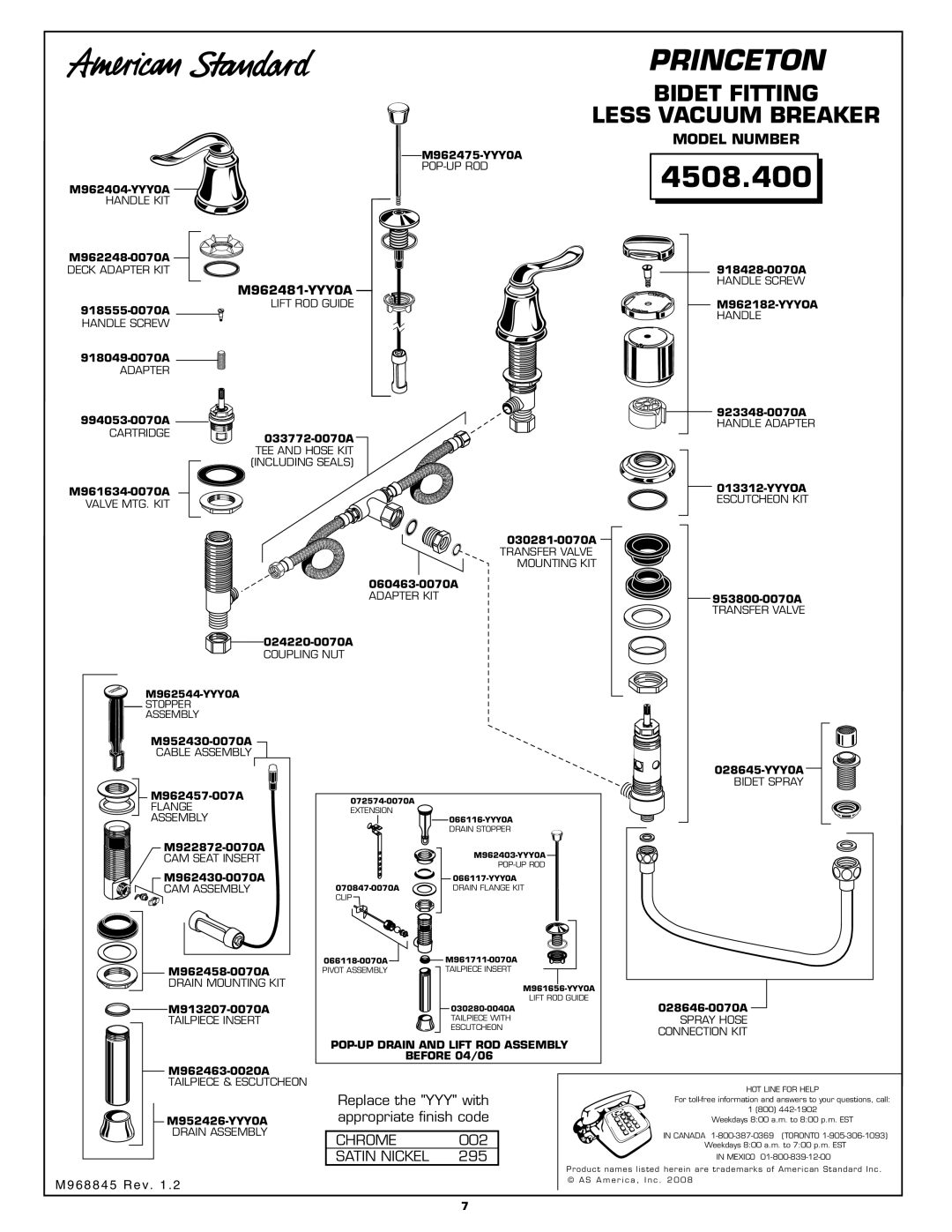 American Standard 4508.4 installation instructions Model Number, Chrome, Satin Nickel 