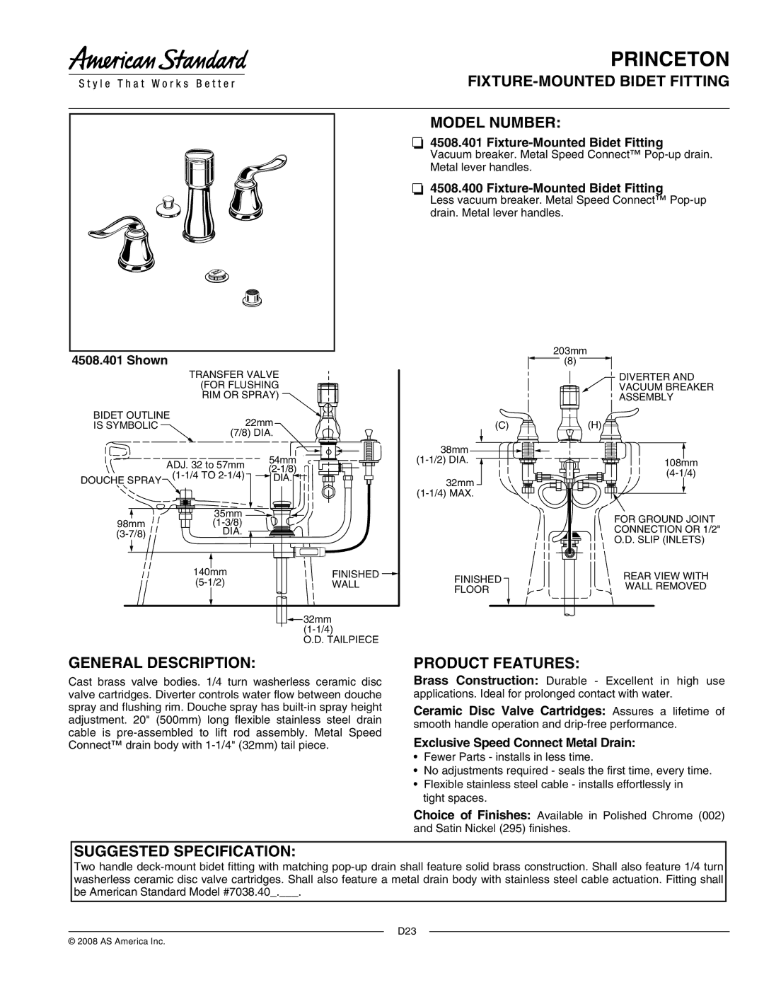 American Standard 4508.401 manual FIXTURE-MOUNTED Bidet Fitting Model Number, General Description, Product Features 