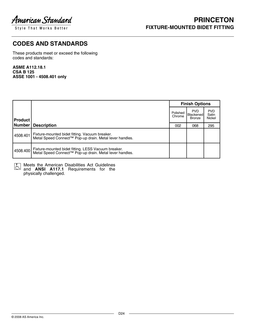 American Standard 4508.400 FIXTURE-MOUNTED Bidet Fitting, Asme A112.18.1 CSA B Asse 1001 4508.401 only Finish Options 