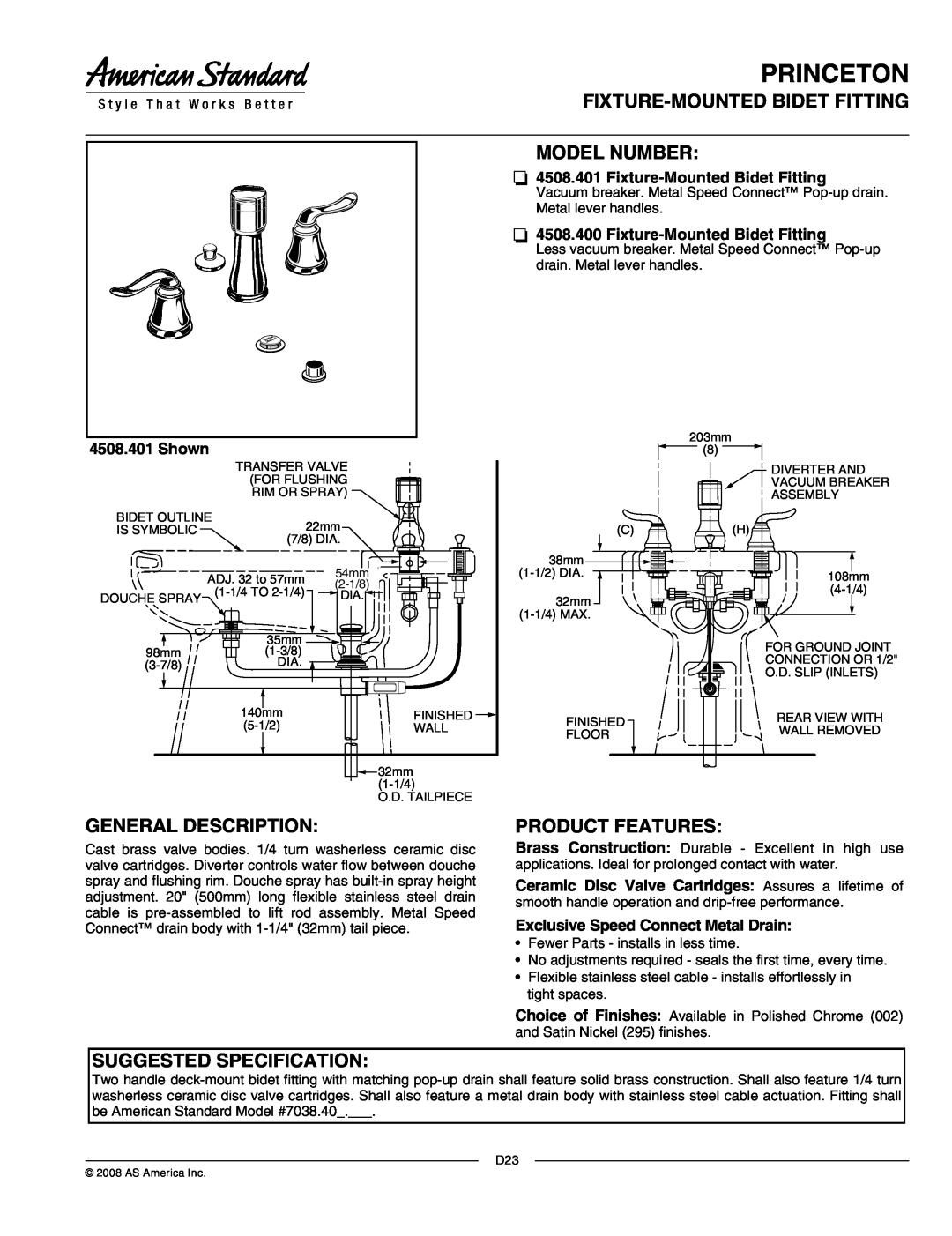 American Standard 4508.401 manual Princeton, Fixture-Mountedbidet Fitting Model Number, General Description, Shown 