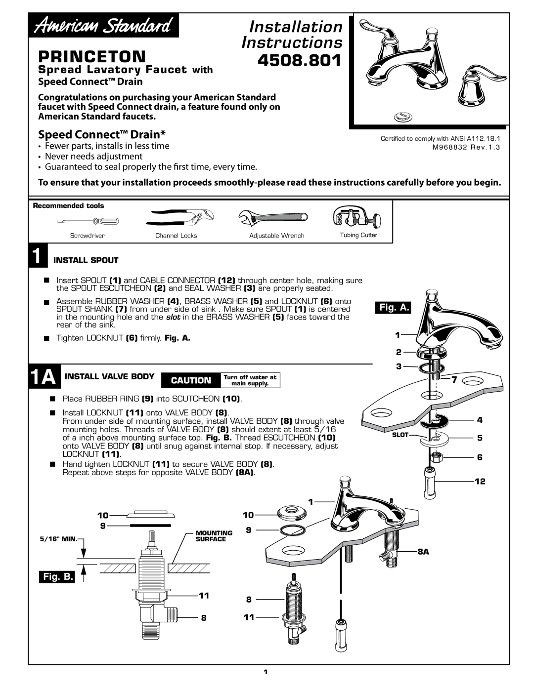 American Standard 4508.801 installation instructions Spread Lavatory Faucet with Speed Connect Drain, Install Spout 