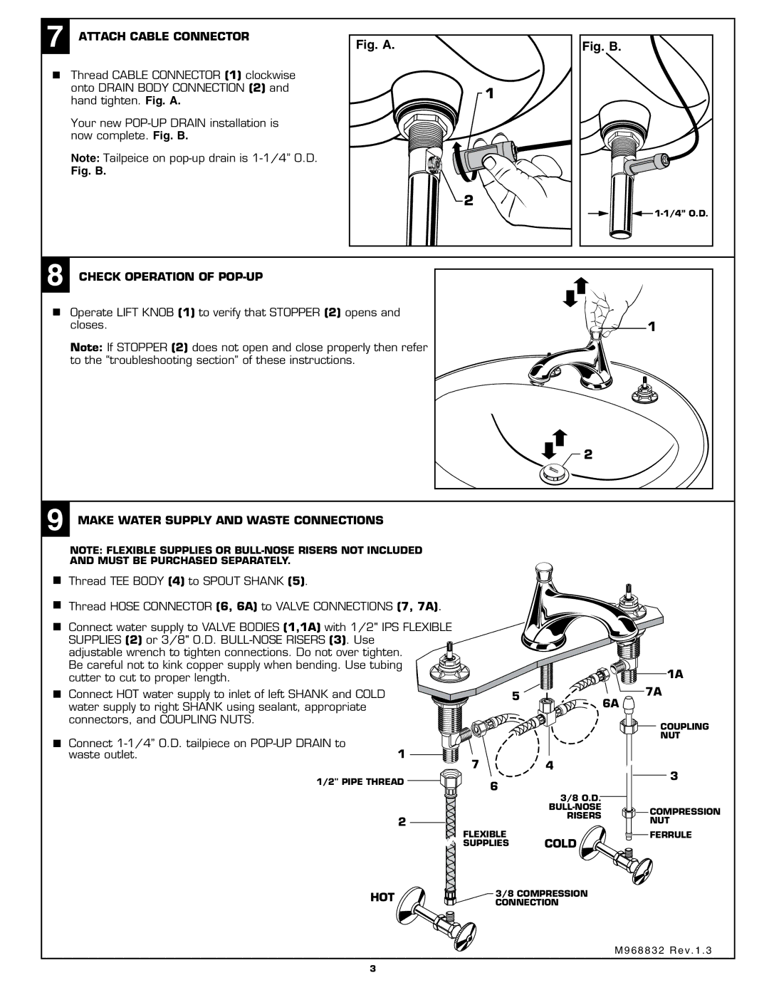 American Standard 4508.801 Attach Cable Connector, Check Operation of POP-UP, Make Water Supply and Waste Connections, Hot 