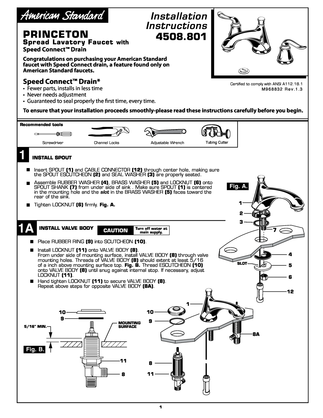 American Standard 4508.801 installation instructions Installation, Princeton, Instructions, Speed Connect Drain, Fig. B 