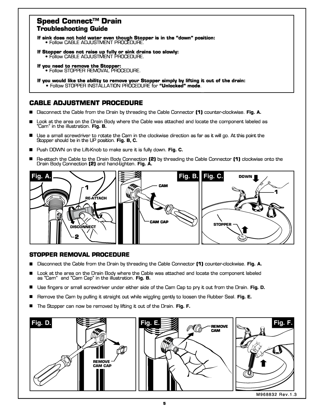 American Standard 4508.801 Troubleshooting Guide, Cable Adjustment Procedure, Fig. A, Fig. B, Fig. C, Fig. D, Fig. E 