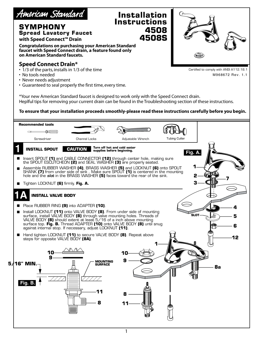 American Standard 4508S installation instructions Spread Lavatory Faucet, With Speed Connect Drain, Install Spout 