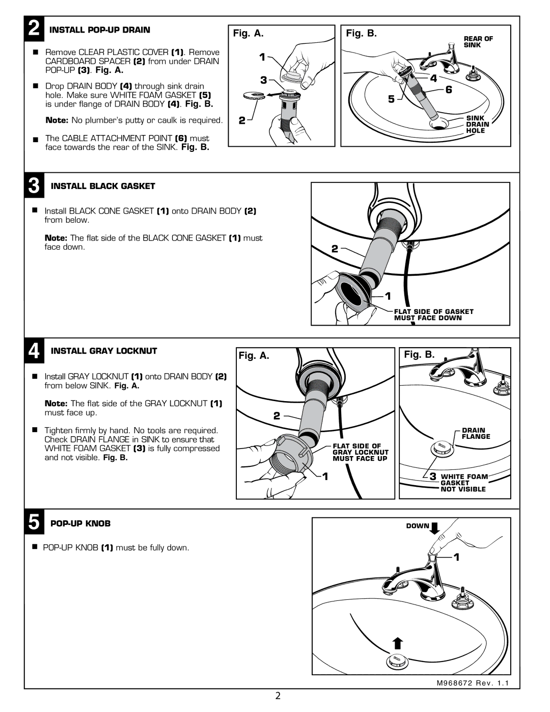 American Standard 4508S Install POP-UP Drain, Install Black Gasket, Install Gray Locknut, POP-UP Knob 