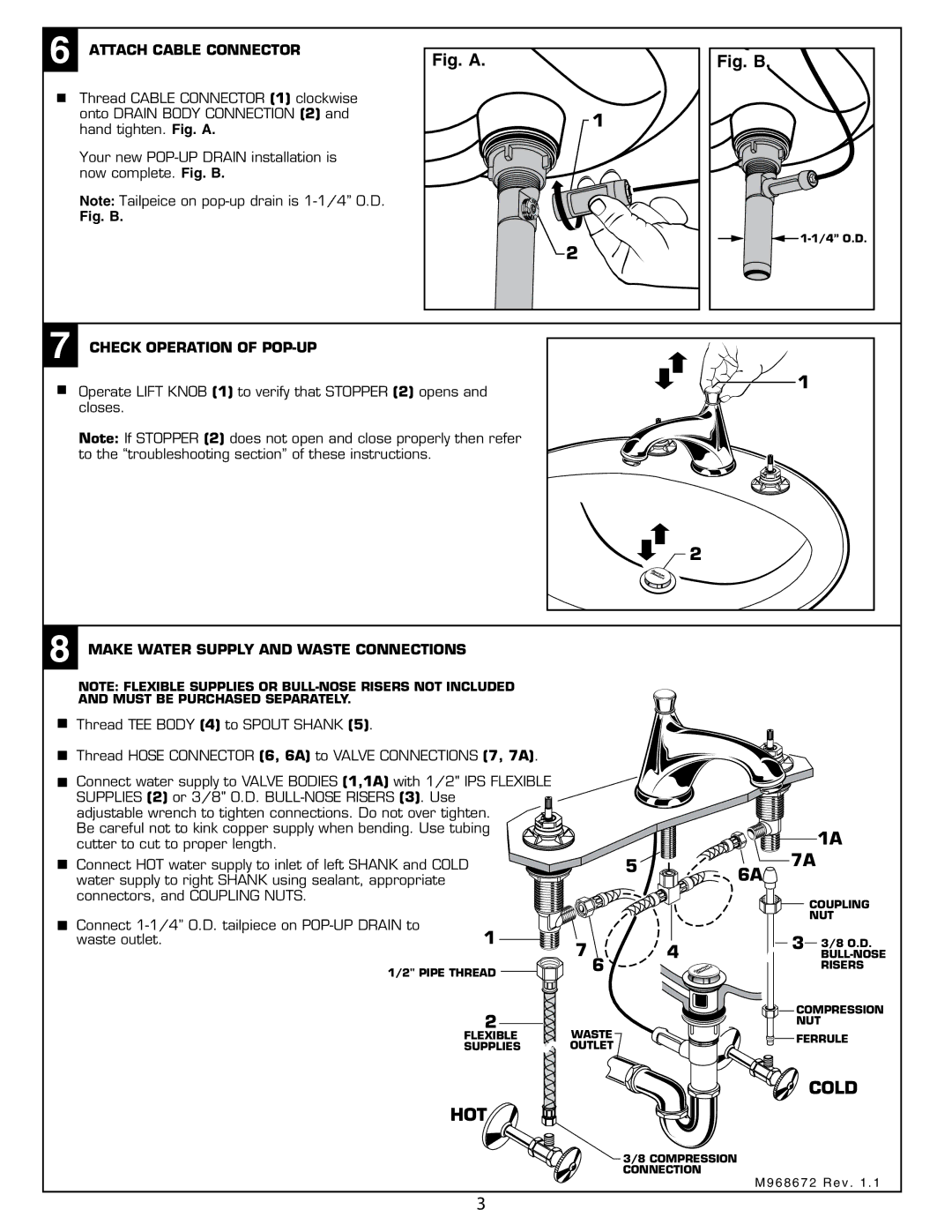 American Standard 4508S installation instructions Hot, Cold, Attach Cable Connector, Check Operation of POP-UP 