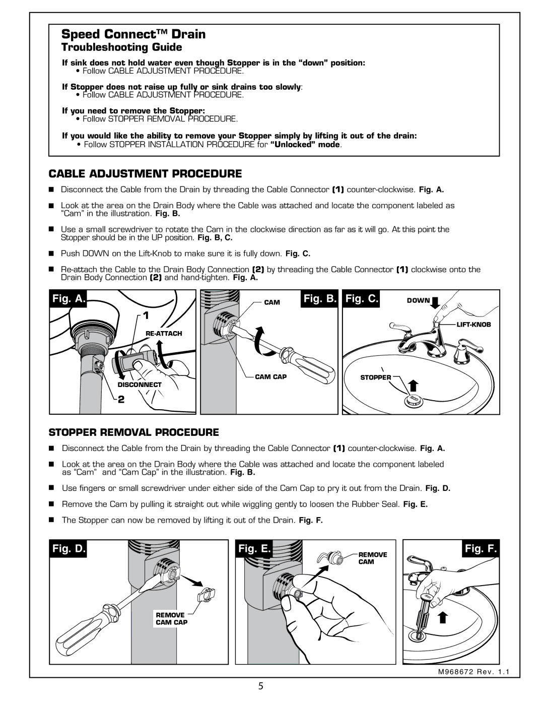 American Standard 4508S installation instructions Troubleshooting Guide, Stopper Removal Procedure 