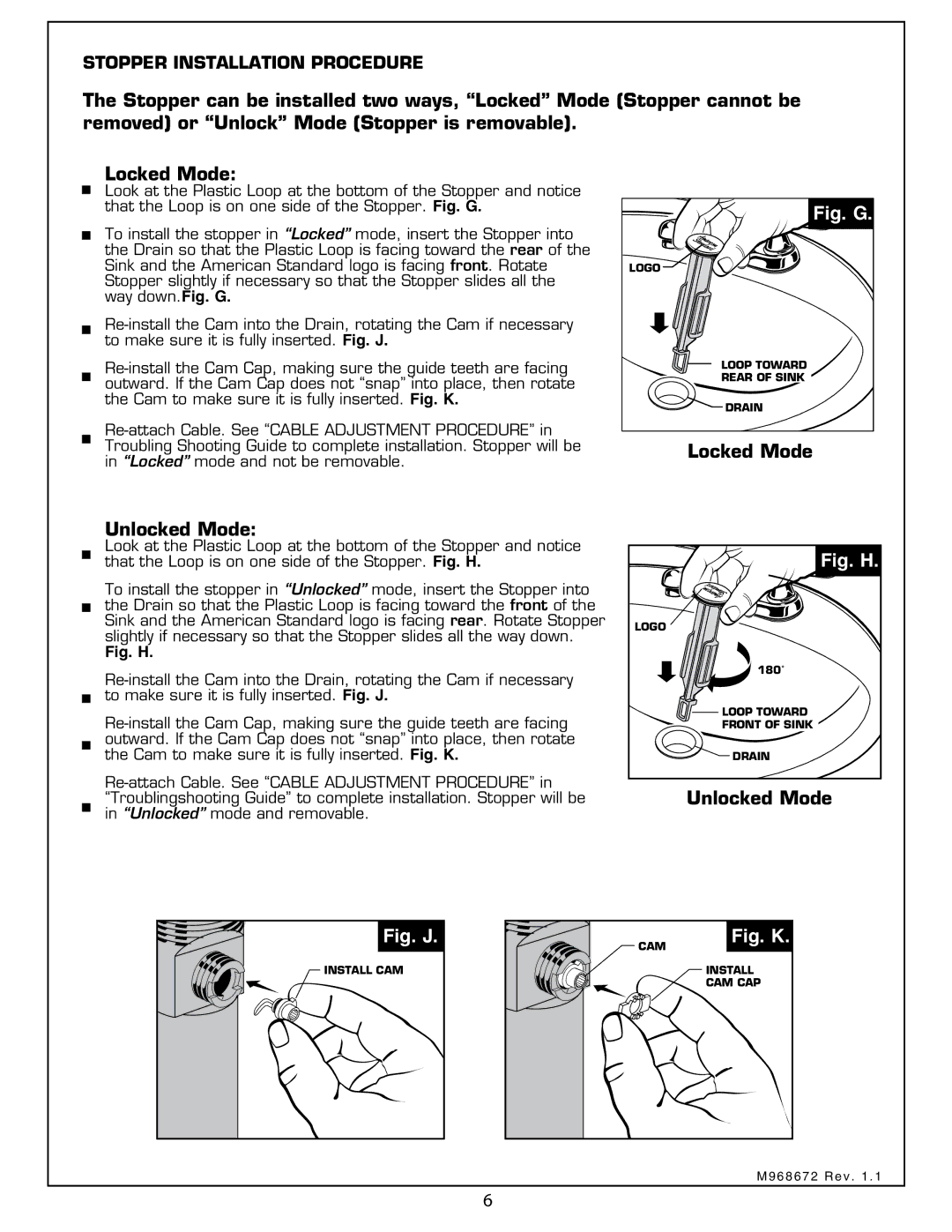 American Standard 4508S installation instructions Unlocked Mode, Stopper Installation Procedure 