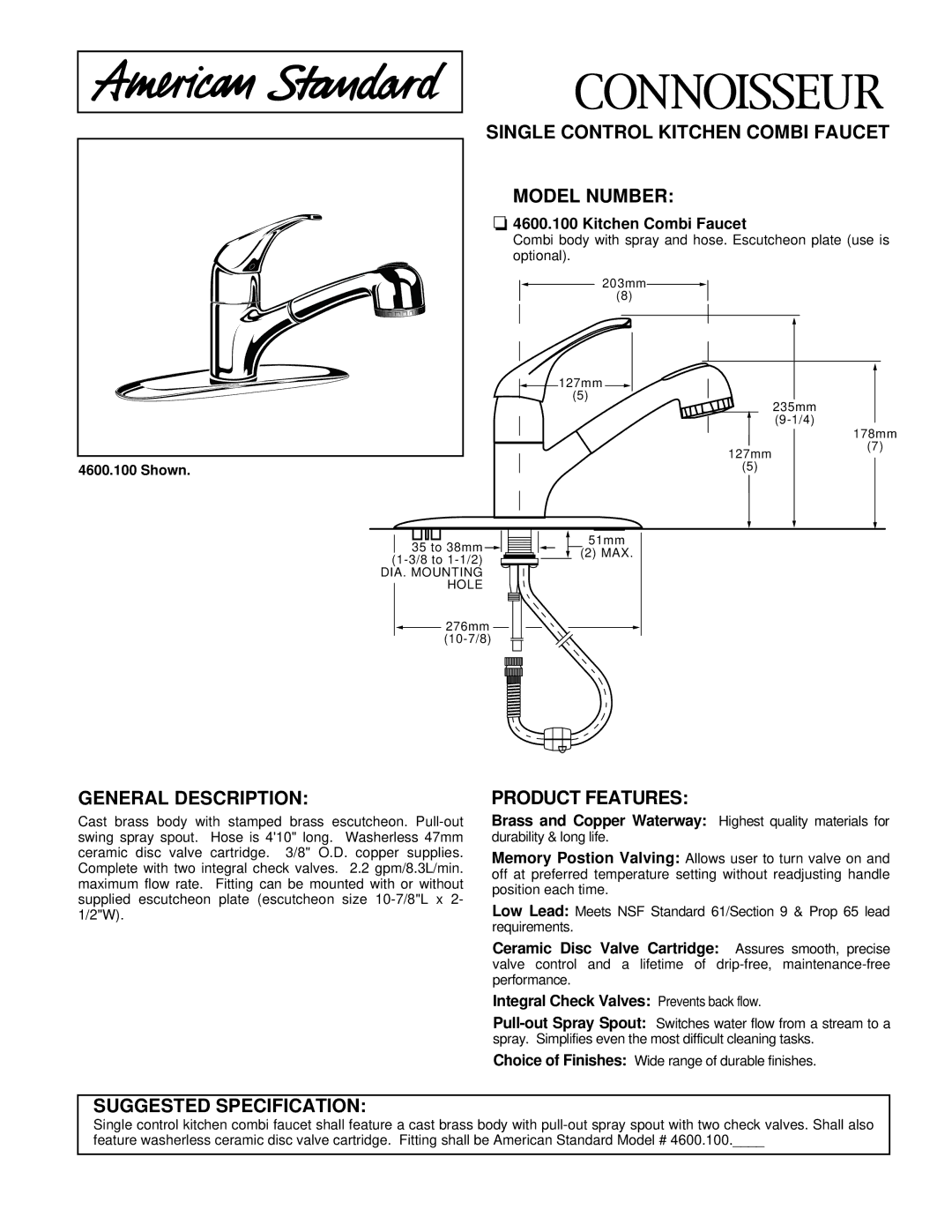 American Standard 4600.100 specifications Single Control Kitchen Combi Faucet Model Number, General Description 