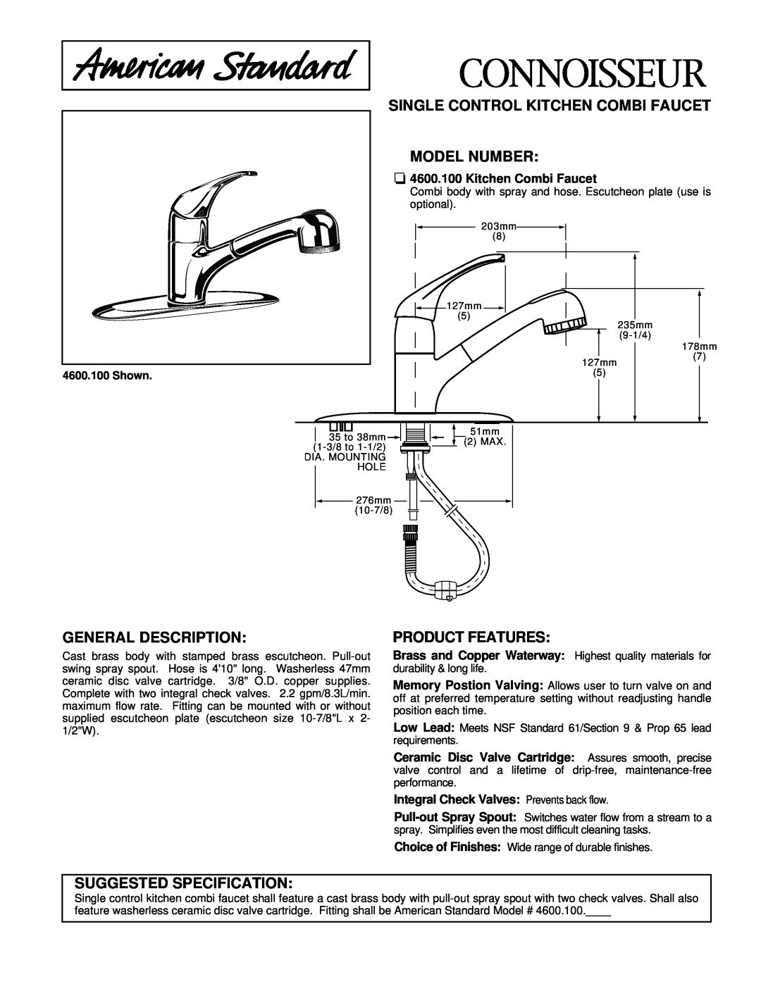 American Standard 4600.100 specifications Single Control Kitchen Combi Faucet Model Number, General Description, Shown 