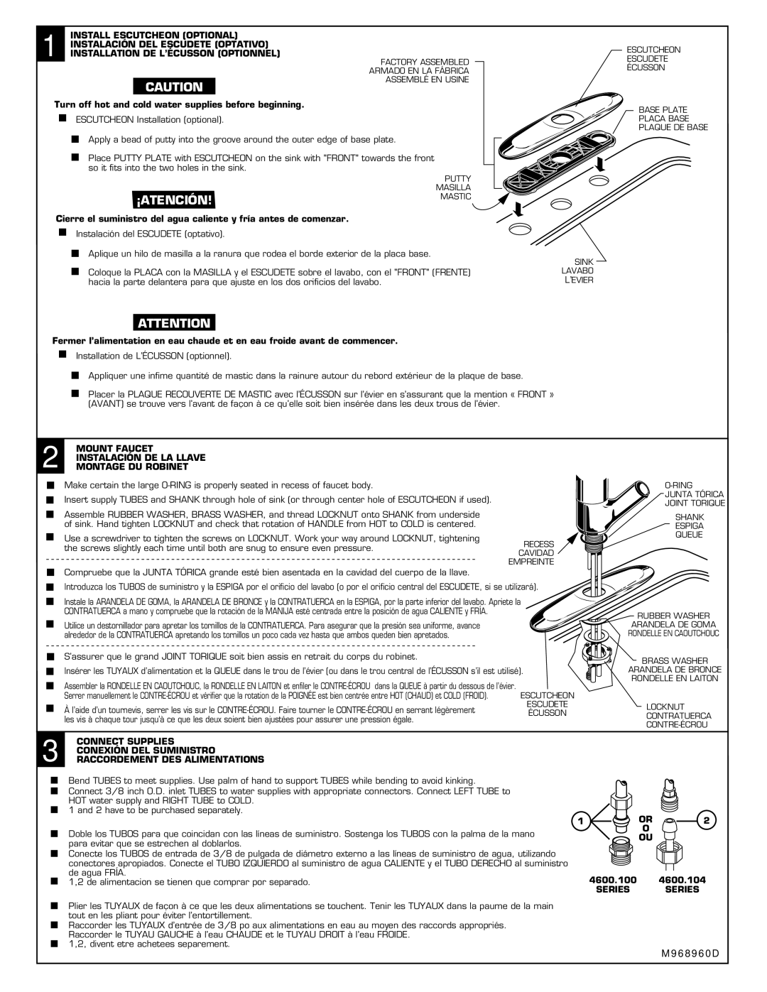 American Standard 4600.104 Series, 4600.100 Series Mount Faucet Instalación DE LA Llave Montage DU Robinet 