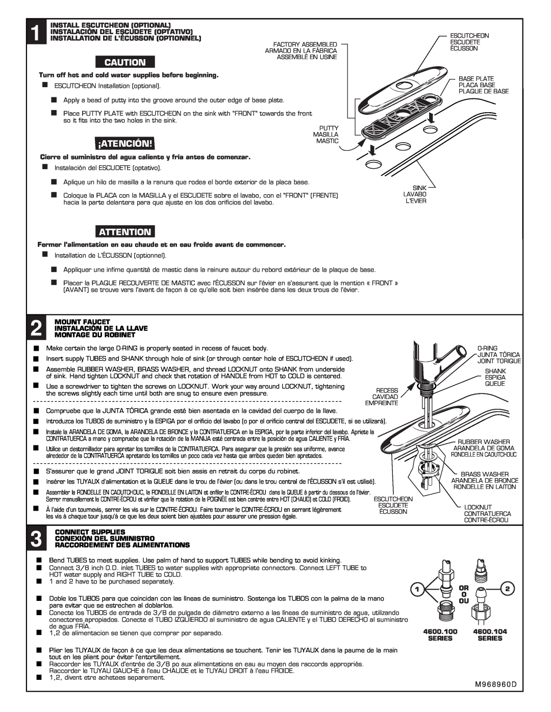 American Standard 4600.104 Series, 4600.100 Series installation instructions ¡Atención!Mastic, M 9 6 8 9 6 0 D 