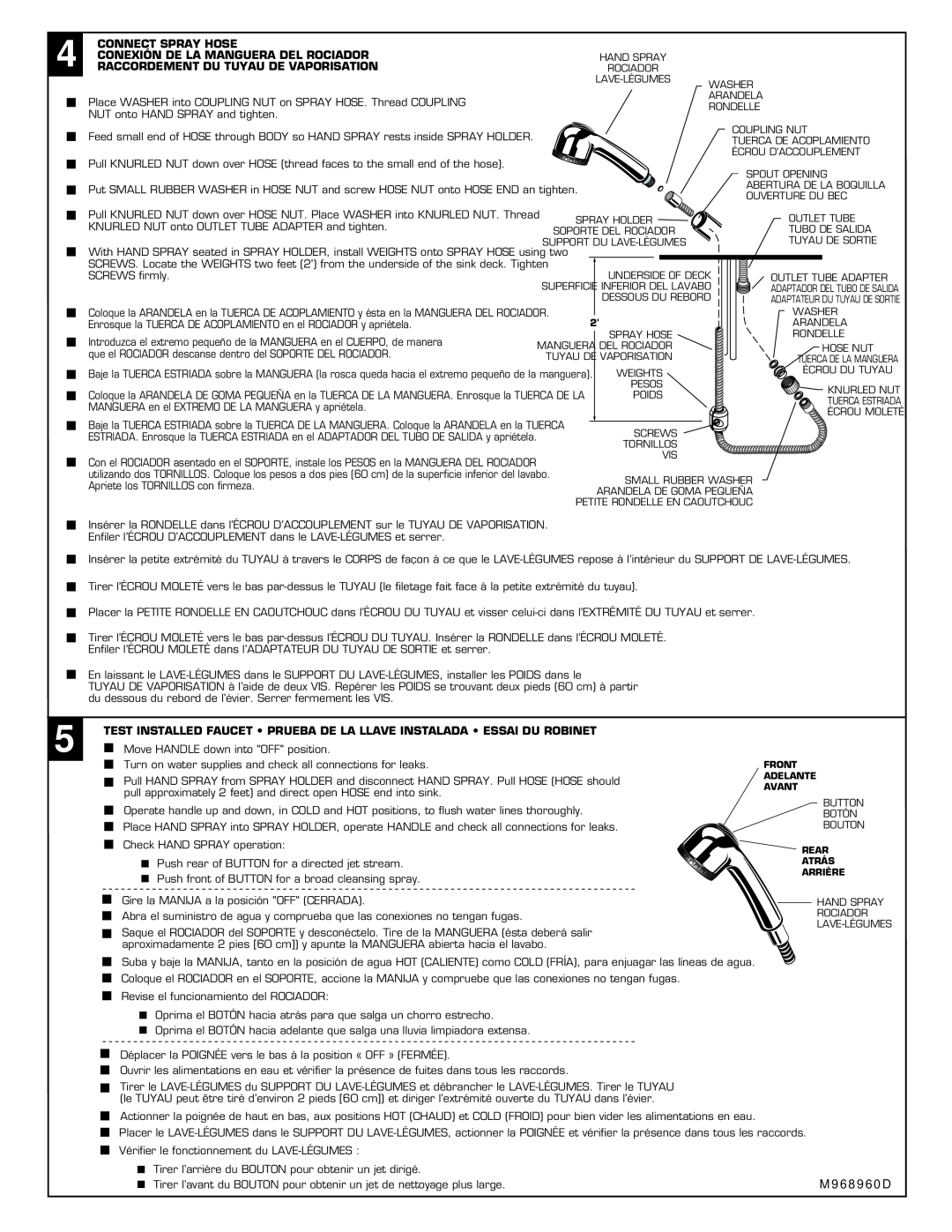 American Standard 4600.100 Series, 4600.104 Series installation instructions Connect Spray Hose 