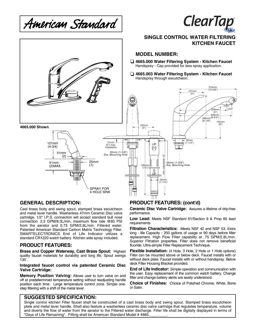 American Standard 4665.003, 4665.000 specifications Model Number, General Description, Product Features contd 