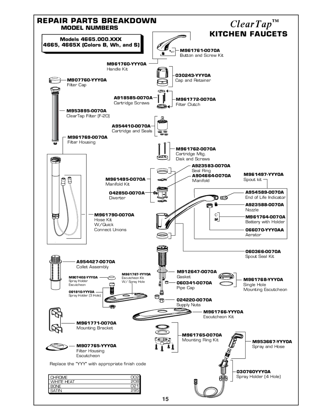 American Standard manual ClearTap, Repair Parts Breakdown, Kitchen Faucets, Models, 4665, 4665X Colors B, Wh, and S 