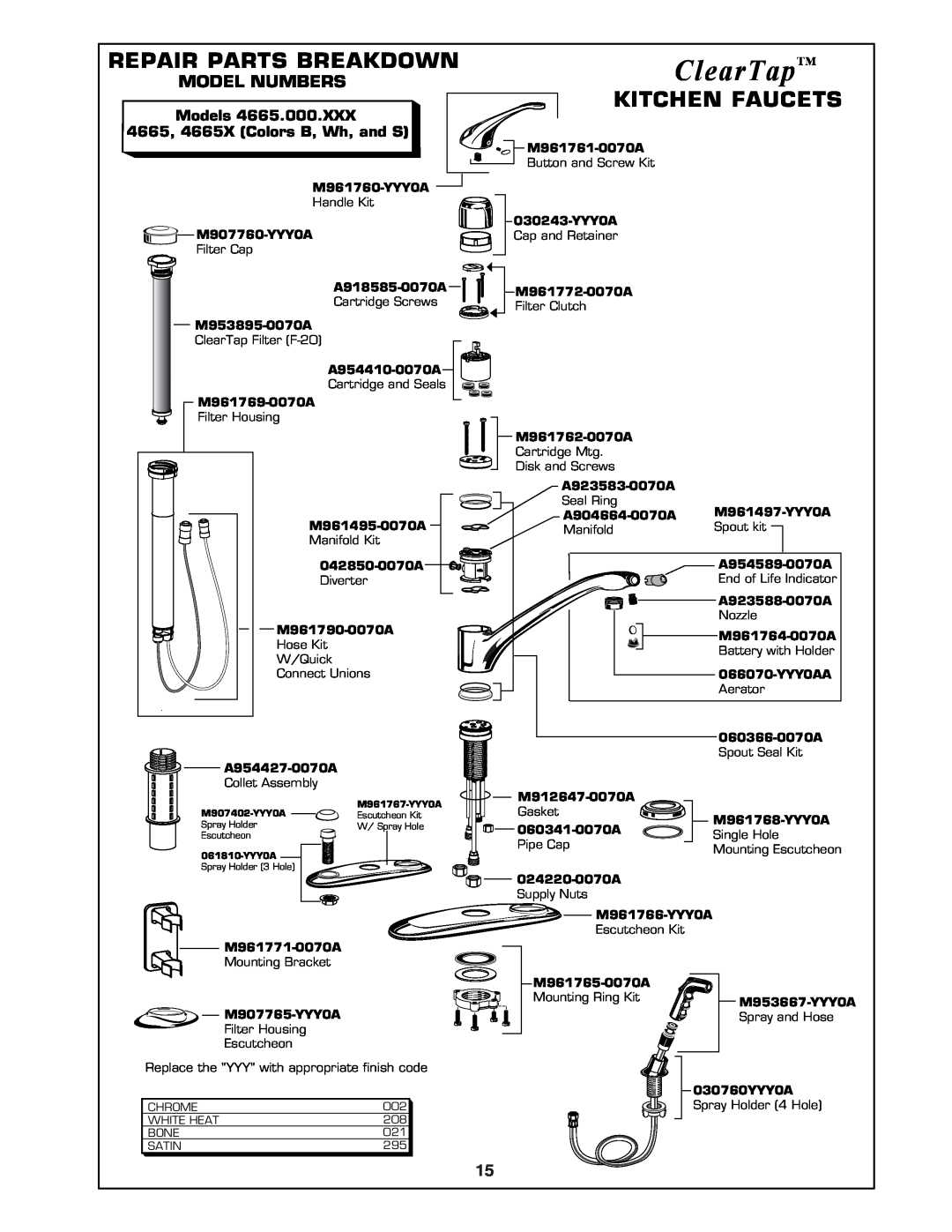 American Standard 4665X manual ClearTap, Repair Parts Breakdown, Kitchen Faucets, Model Numbers, Models 