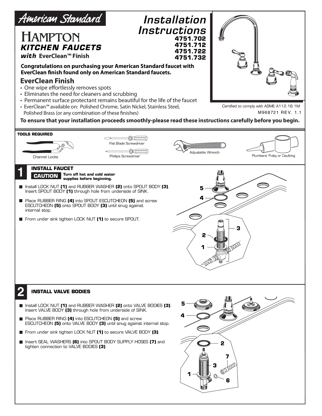 American Standard 4751.722, 4751.702, 4751.712, 4751.732 installation instructions Install Faucet,  Install Valve Bodies 