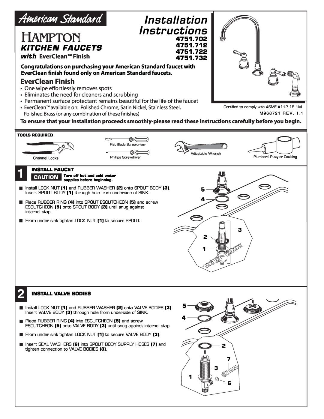 American Standard 4751.722 installation instructions 5 4 2 7, Install Faucet, Install Valve Bodies, Kitchen Faucets 