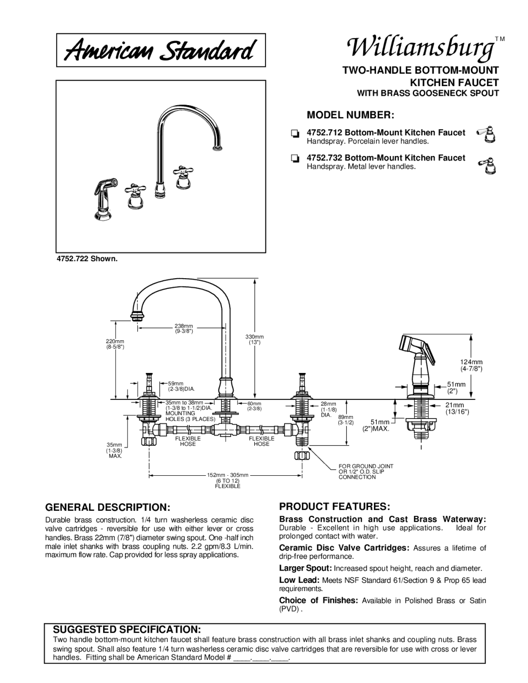 American Standard 4752.732, 4752.712 manual TWO-HANDLE BOTTOM-MOUNT Kitchen Faucet, Model Number, General Description 