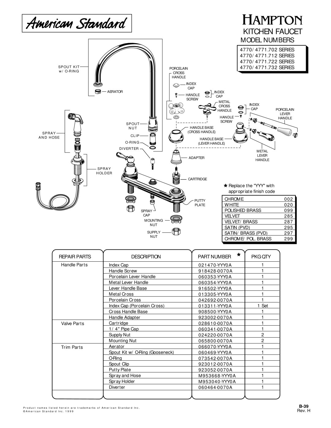 American Standard 4770.722 SERIES manual Kitchen Faucet, Model Numbers, PORCELAIN4770/4771.732 Series Cross 