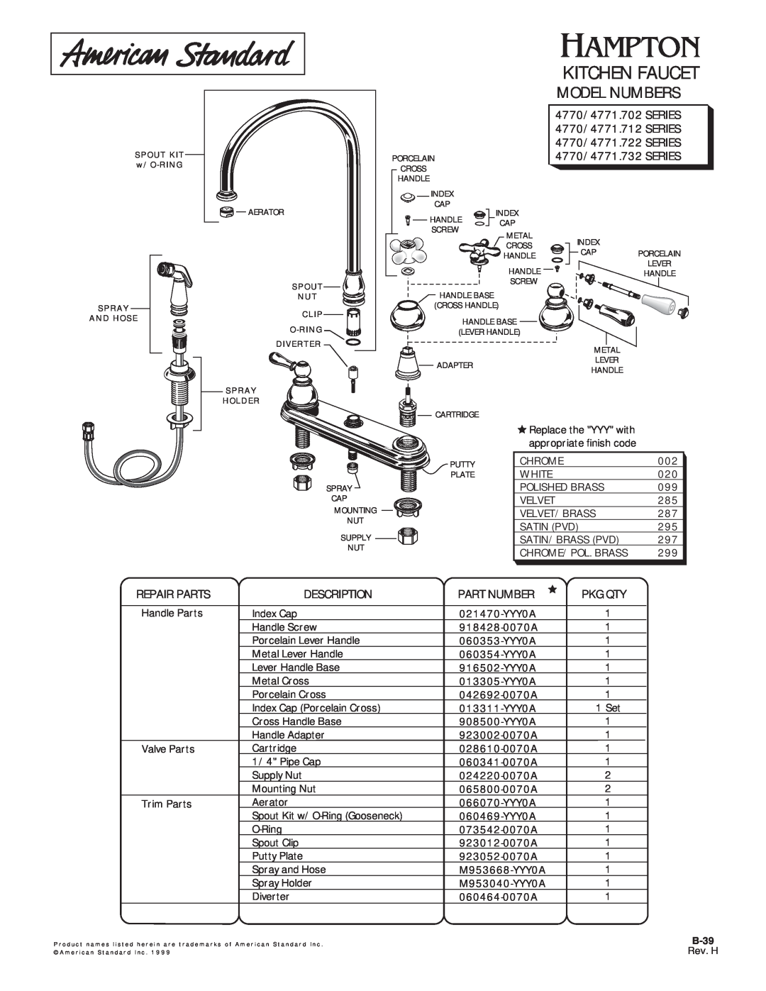 American Standard 4770.722 SERIES manual Kitchen Faucet, Model Numbers, 4770/4771.702 SERIES 4770/4771.712 SERIES, Pkg Qty 