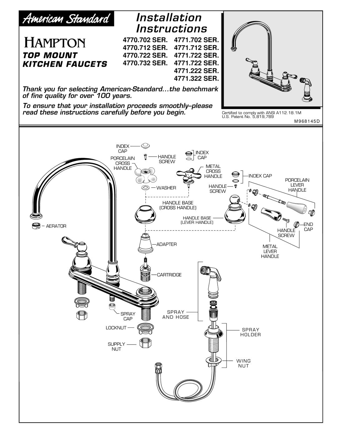 American Standard 4770.732 SER installation instructions Installation, Instructions, TOP Mount, Kitchen Faucets 